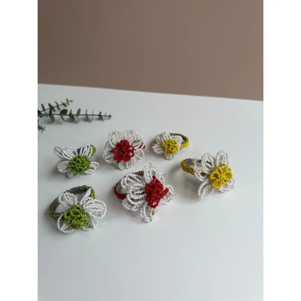 PIER 1 Beaded Daisy Napkin Rings Set of 6 | Floral Spring Summer Table Decor